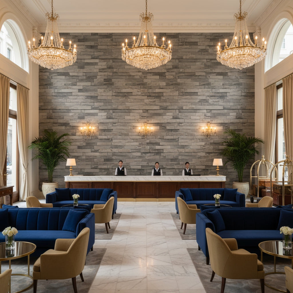 Vomera Aged Travertine Faux Tile | Hollywood Wallcoverings view 3