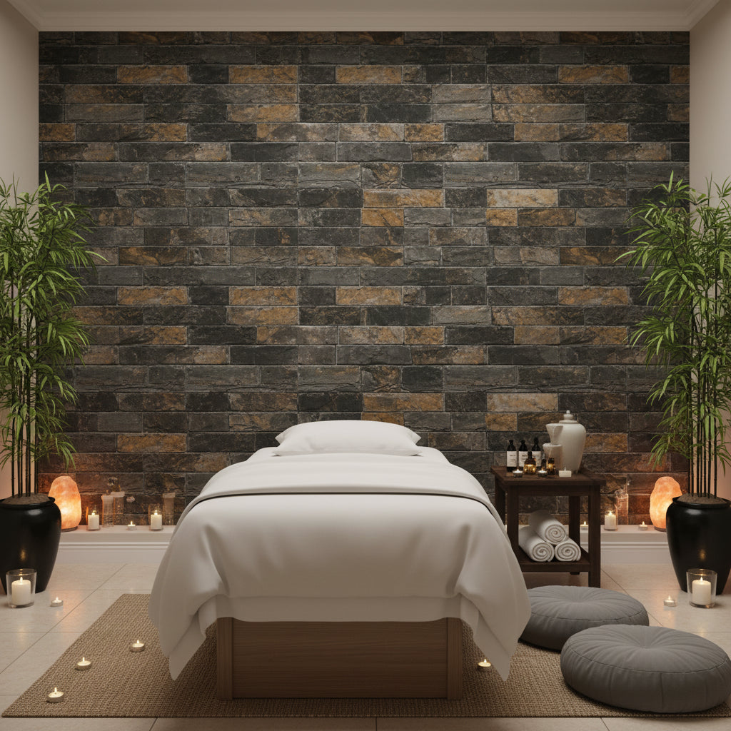 Vomera Midnight Travertine Faux Tile | Hollywood Wallcoverings view 4