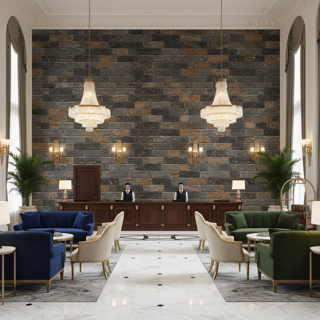 Vomera Midnight Travertine Faux Tile | Hollywood Wallcoverings (main)
