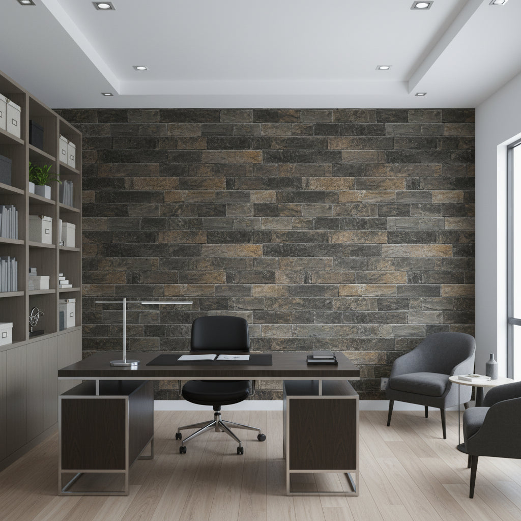 Vomera Midnight Travertine Faux Tile | Hollywood Wallcoverings view 3