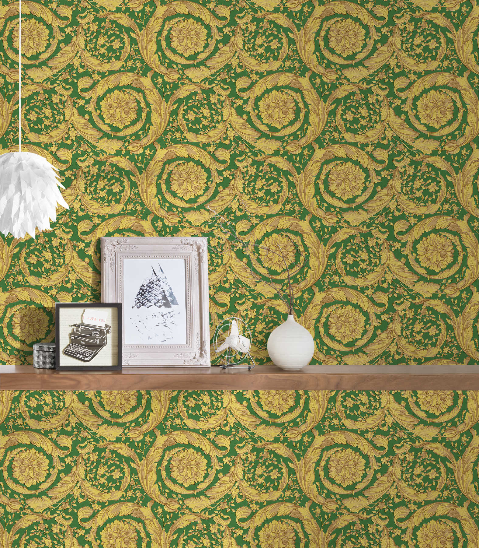 Ornamental Floral Green, Metallic, Yellow Wallcovering (main)
